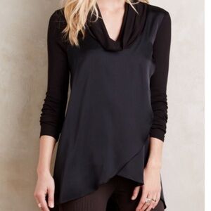 Anthro Deletta Cowl Neck Satin Ruffle Top Black S